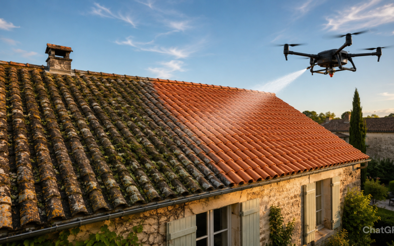 Traitement professionnel anti-dépôts verts d'une toiture en tuiles par drone — résultat avant et après